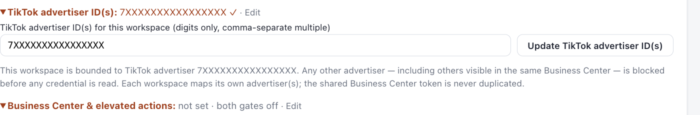 Outloop key row cell for assigning TikTok advertiser IDs to a workspace, explaining that any other advertiser including others in the same Business Center is blocked before the credential is read.