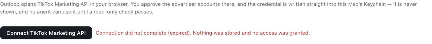 Outloop TikTok connect panel showing that the connection did not complete because it expired, and that nothing was stored and no access was granted.