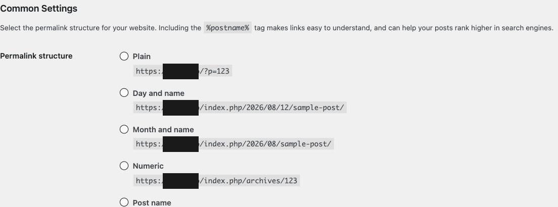 WordPress Permalink Settings showing the permalink structure options with Plain at the top and readable structures below.