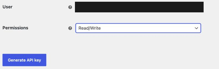 WooCommerce API key form showing the Permissions dropdown set to Read slash Write above the Generate API key button.