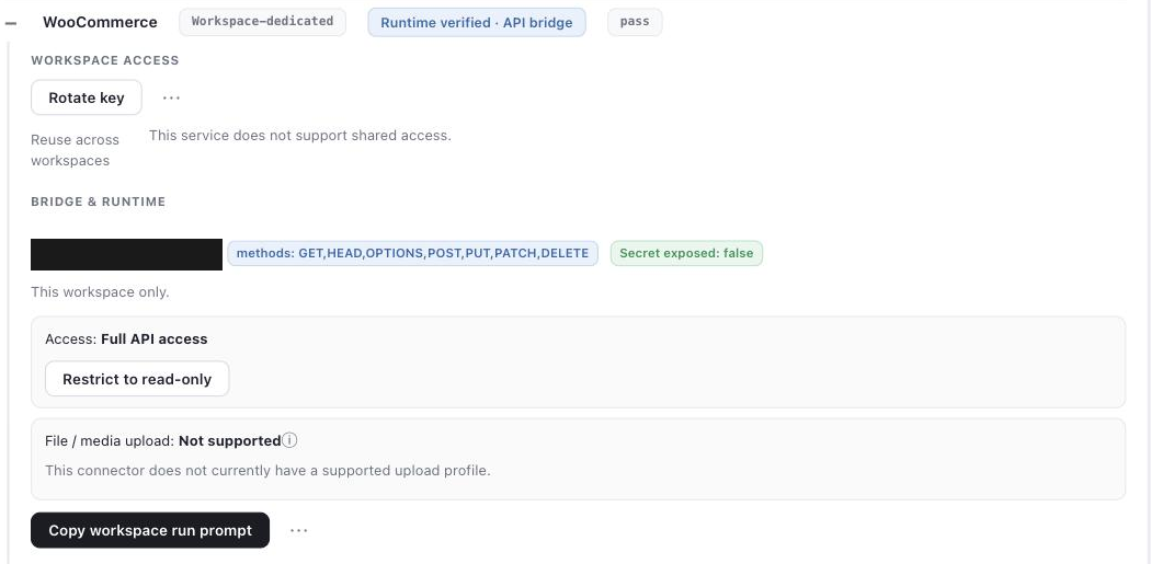 Outloop WooCommerce connector card showing runtime verified status, allowed methods, full API access and secret exposed false.