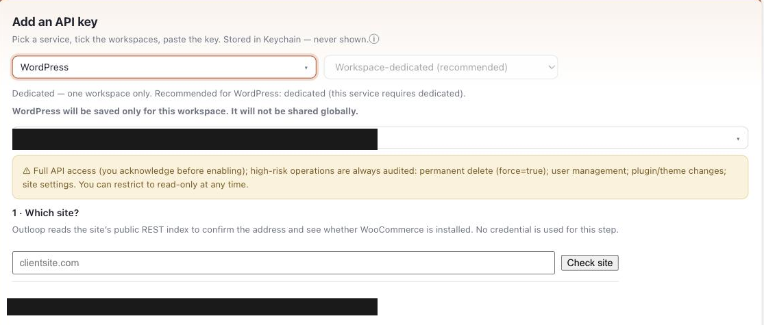Outloop dashboard showing the WordPress connector form with the workspace-dedicated scope and the Which site field.