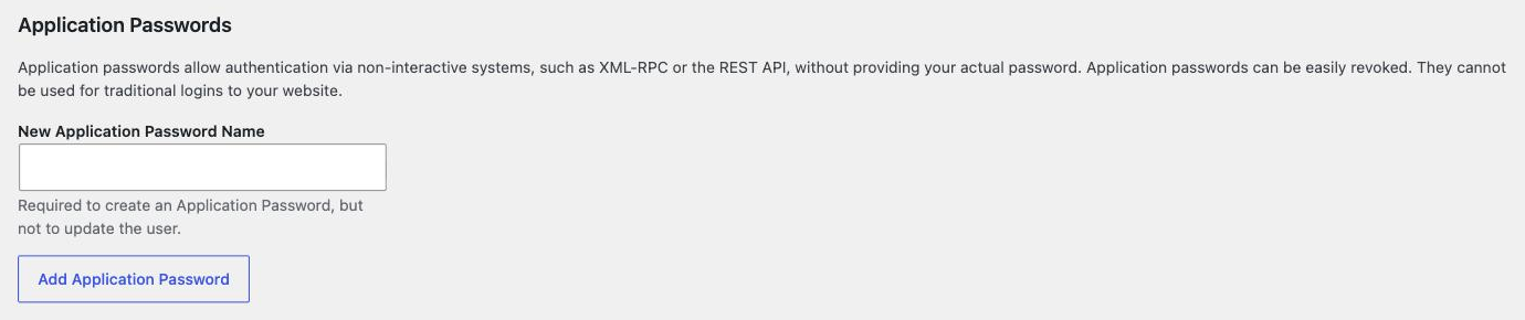 WordPress profile Application Passwords section with the New Application Password Name field empty.
