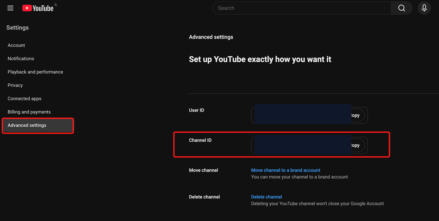 YouTube Advanced settings showing where to copy the UC Channel ID, with the ID redacted.
