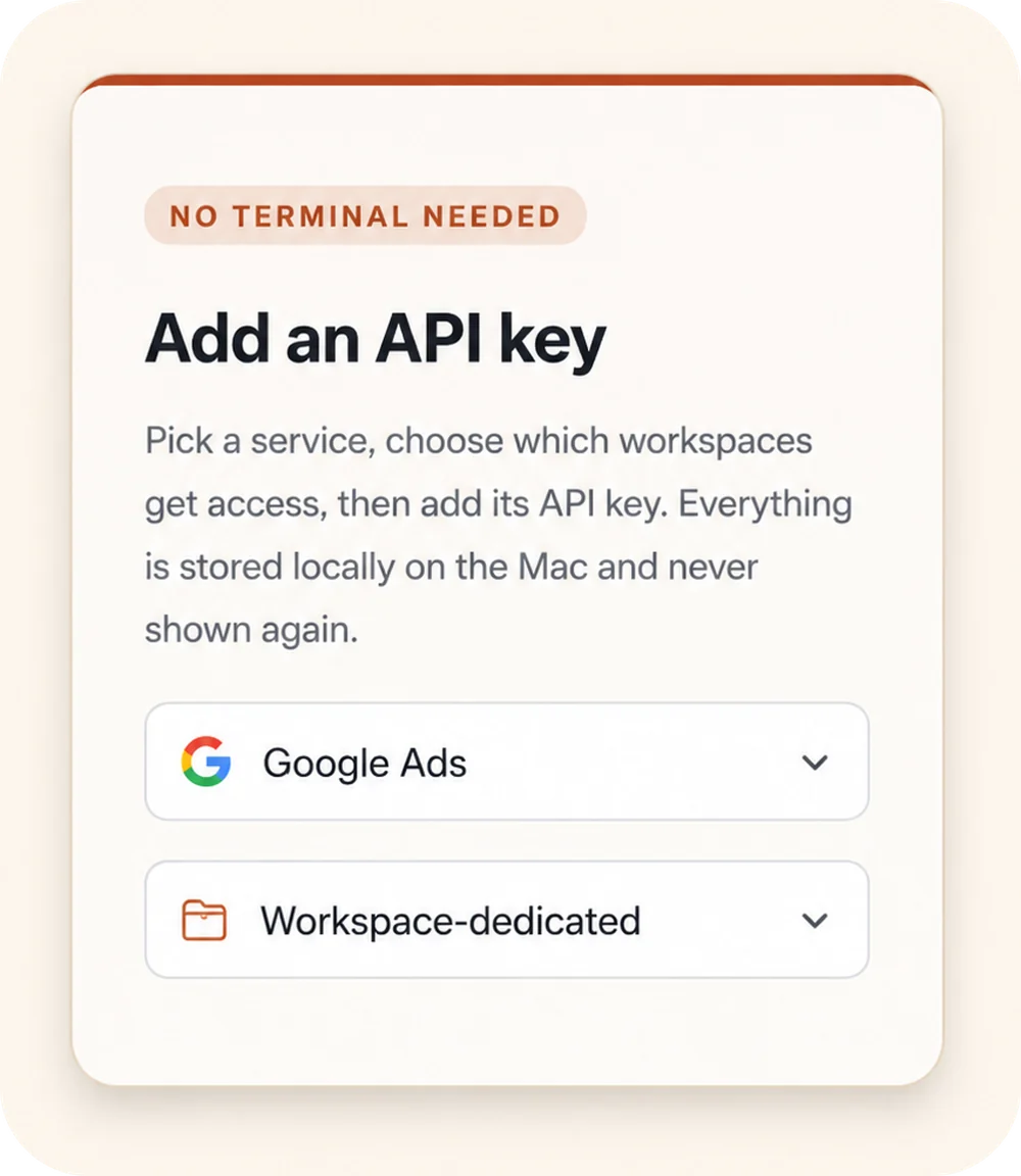 Outloop “Add an API key” panel: a “No terminal needed” badge, a service picker set to Google Ads, and a Workspace-dedicated access selector.