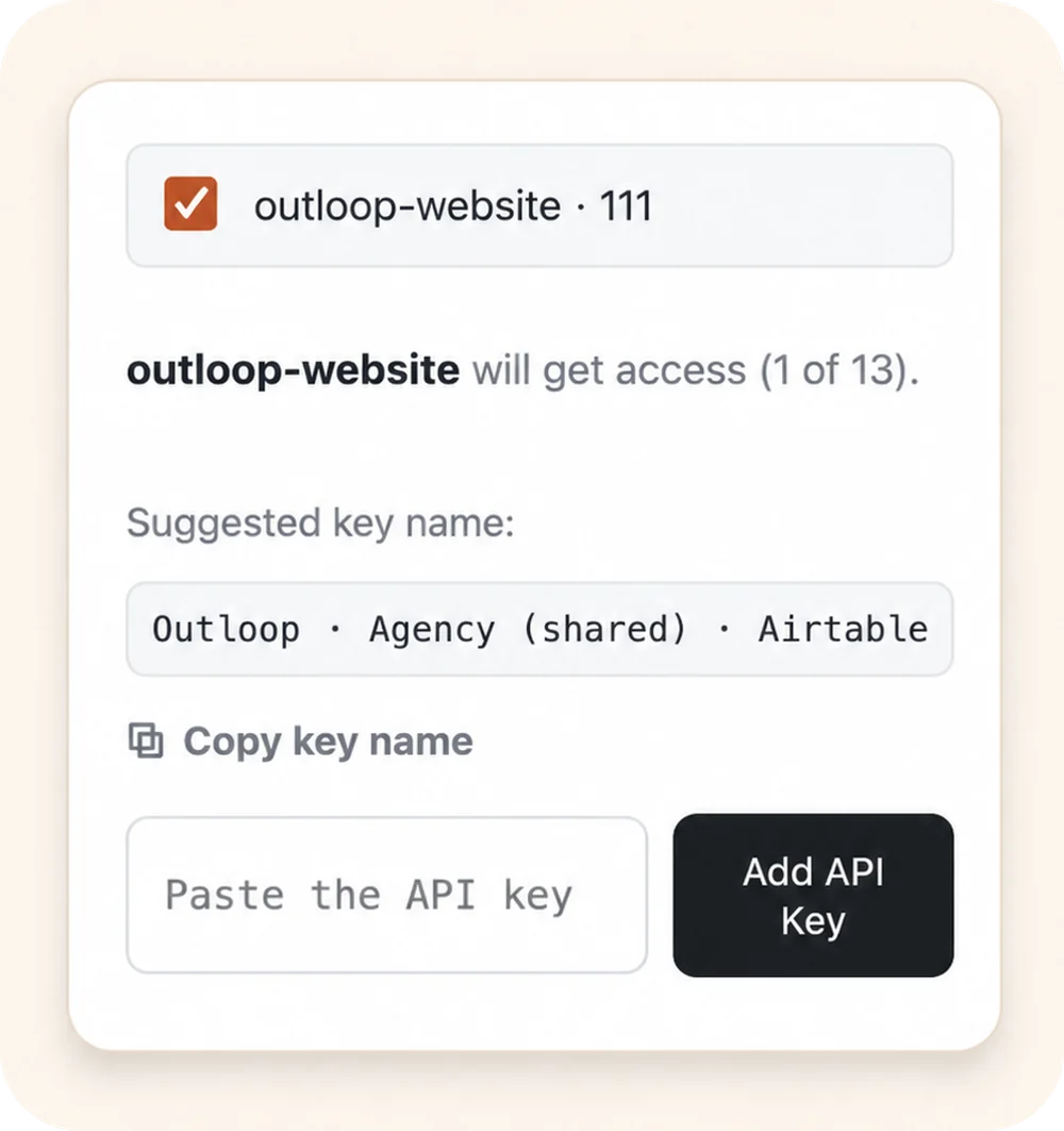 Outloop workspace approval: the outloop-website workspace selected to receive access, with a suggested key name and an empty “Paste the API key” field.