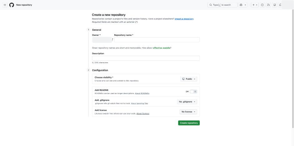 New repository form. Select Private before creating the repository; this source capture still shows the default Public choice.