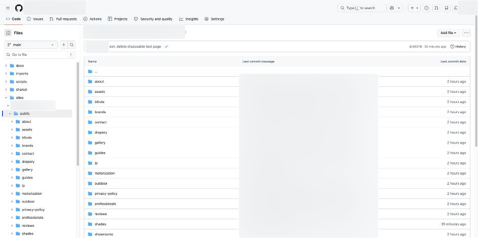 Imported files inside the site’s public directory. Client paths and commit details are blurred.