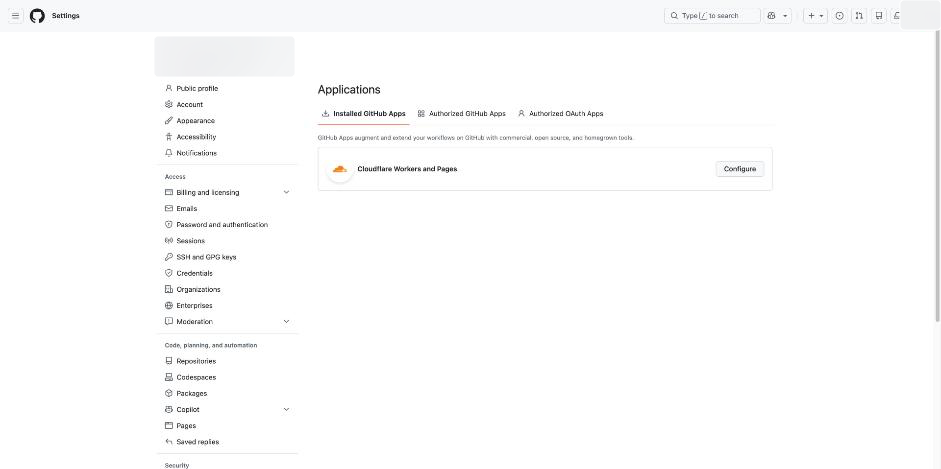 The Cloudflare Workers and Pages GitHub App is installed. Review its selected-repository access in Configure.