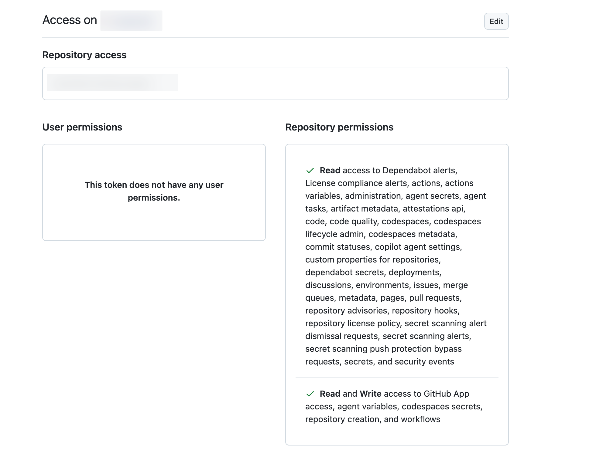 Before the permission fix: code is listed under Read access in this capture. The working push workflow requires Contents Read and write as specified above.