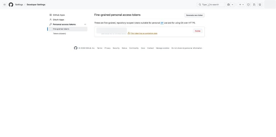 The fine-grained token list. This source token has no expiration date; choose an appropriate expiry and rotation policy for your own setup.