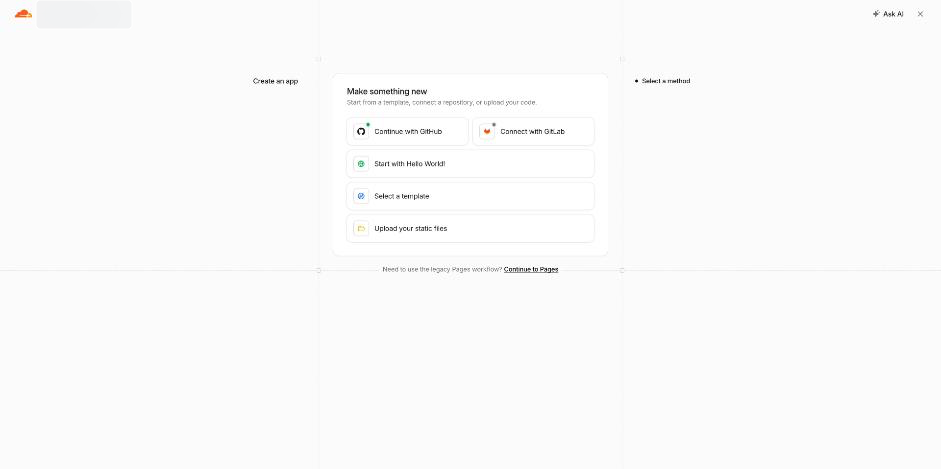 Create an application and choose Continue with GitHub. Account information is blurred.