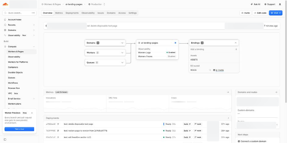 Worker overview showing the asset and R2 bindings. Private domains and account details are blurred.