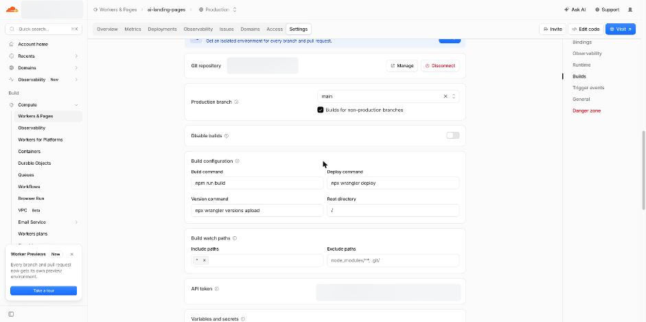 Build settings: main for production, non-production branch builds enabled, and separate deploy/version commands.