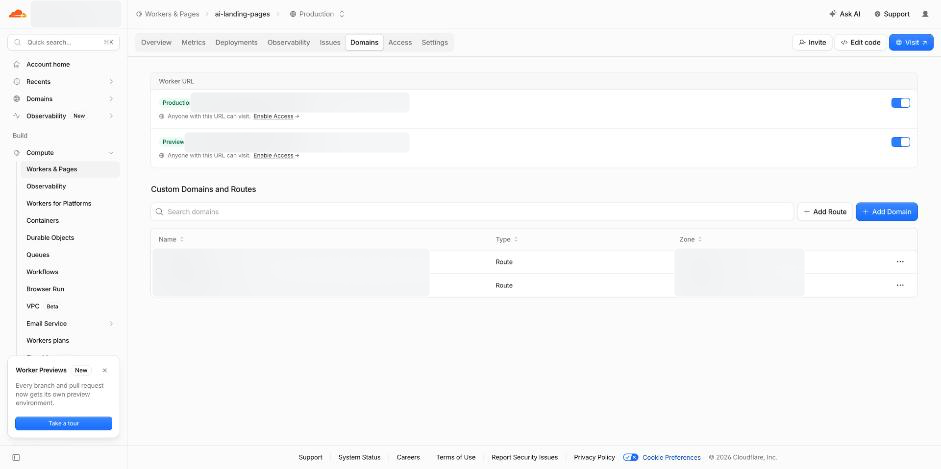 Worker domains and the two production routes. Domain names and account information are blurred.