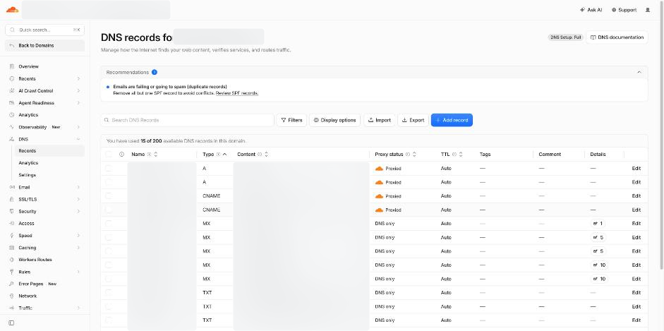 Reference DNS screen with names, IP addresses and TXT values blurred. It also contains a mail-record warning; this capture is not evidence that the mail configuration is correct.