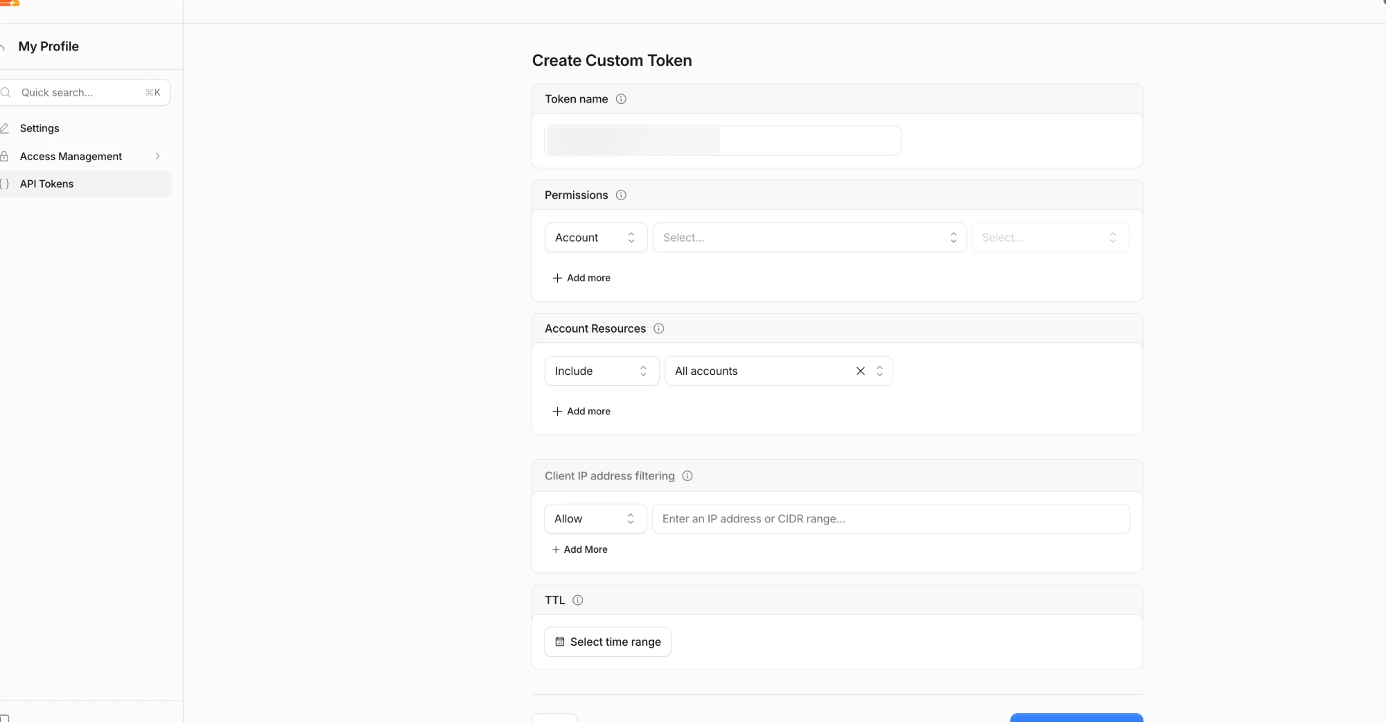 The custom-token form before permissions and resources are selected. Choose the intended account instead of leaving All accounts.