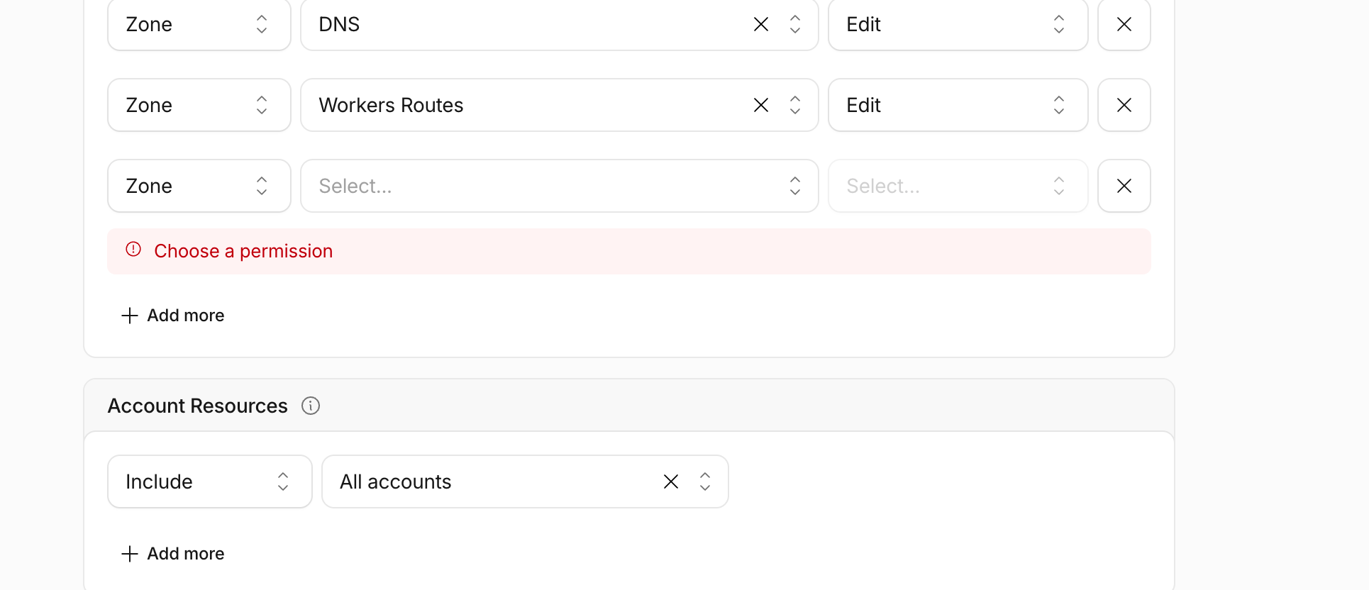 An incomplete permission form, including a Choose a permission error. Finish each required row and restrict the account before saving.