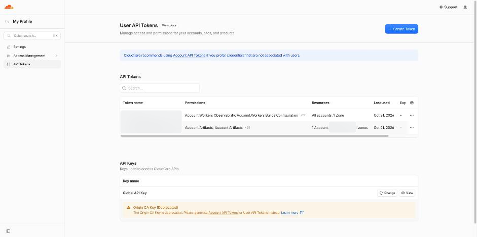 The source token list is a setup snapshot, not the recommended scope. Review account/zone restrictions and the minimum permissions for your work.