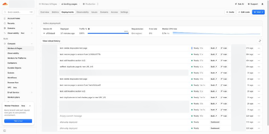 Deployment history from the reference workflow, with author and private commit details blurred.
