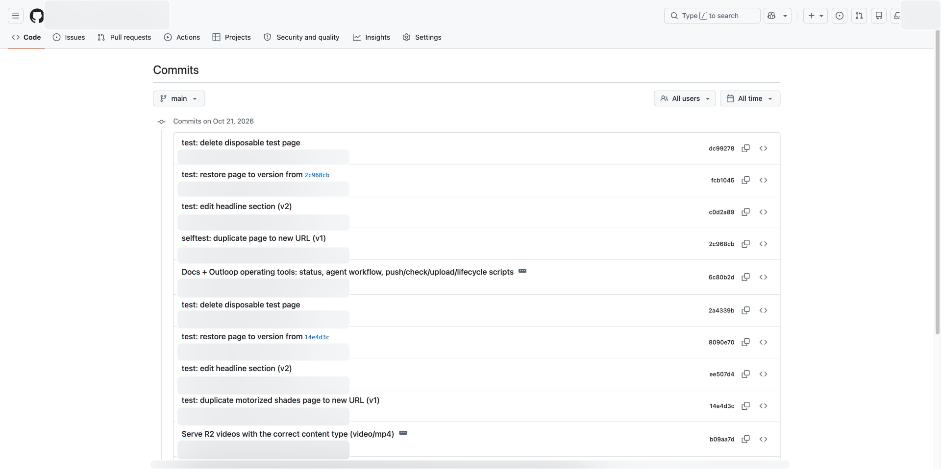 Git history records page creation, editing, restoration and deletion. Account information is blurred.