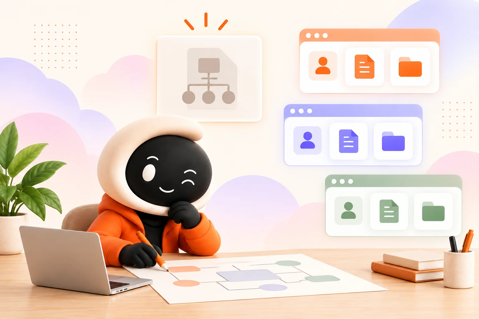 Ollie reviewing a reusable workflow blueprint at a workstation beside three separate client Workspace panels, each with its own documents, files and account.