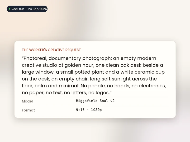 The creative request the AI worker sent to Higgsfield Soul v2 in the real run.