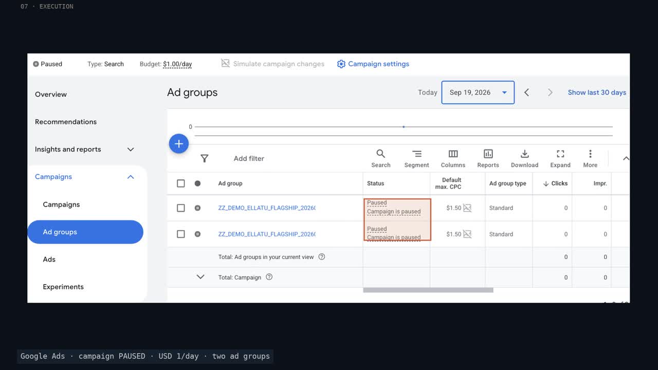 Frame from the final demo showing the Google Ads campaign build evidence